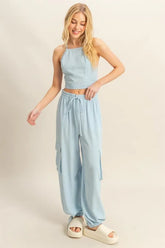 HYFVE Crop Top and Cargo Pants Set L.BLUE OutfitFlow